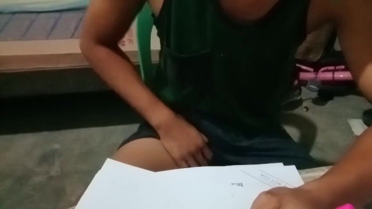 Student Asian made a cumshot on his studying time