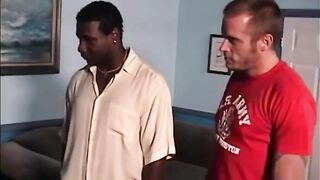 Muscular white guy getting shared by black thugs