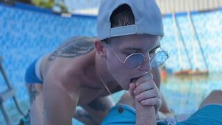 A man fucks a young cleaner in the pool and cums in
