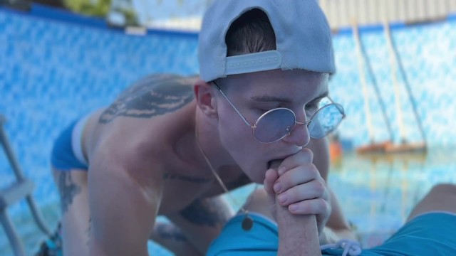 A man fucks a young cleaner in the pool and cums in