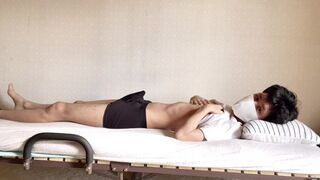 Perverted Japanese boys rubbing their cocks on the bed.