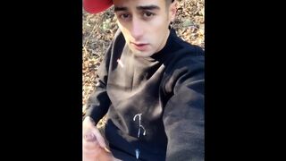 Huge cumshot on black shirt in the park