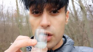 Making cum drink from two filled condoms after I was fucked public